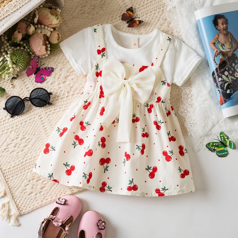 

Платье для маленьких девочек, летние хлопковые детские платья с вишневым принтом и короткими рукавами, милое платье с бантом для девочек, одежда для малышей для девочек