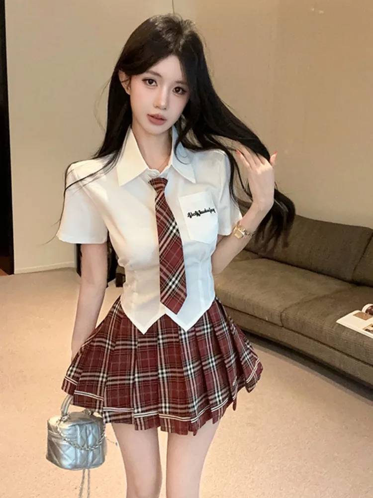 

Pure Desire Short Sleeve Embroidered Shirt with Bow Tie Plaid Skirt Korean Style Summer Casual Women's Fashion Set