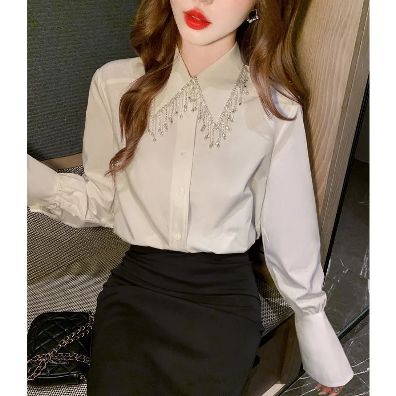 Women\'s Korean Luxury Tassel Diamonds Button Shirt Office Lady Elegant Chic Business Casual Blouse Black White Long Sleeve Tops