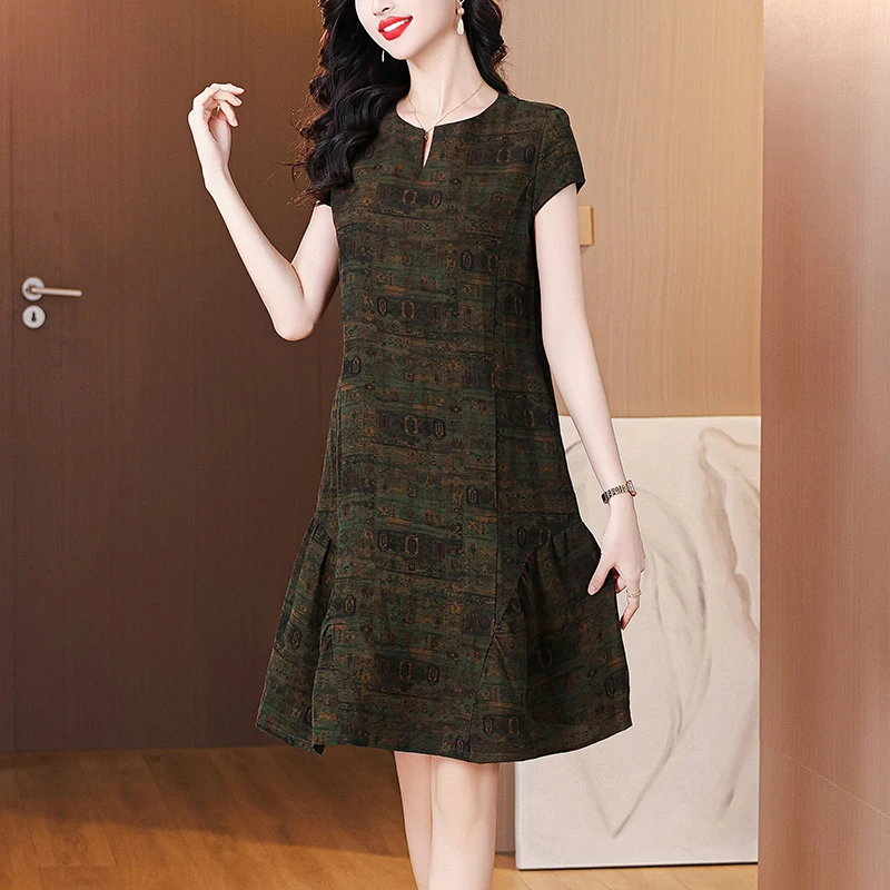 2025 Abito da sera elegante con stampa vintage da donna Vacanza primaverile Boho Hepburn Abiti Abito longuette casual in seta di lusso estivo