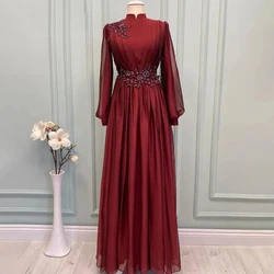 High Neck Pleat Long Sleeves EVening Dress A-Line Floor Length Applique Custom Made Women Wedding Party Muslim Gowns Colourful