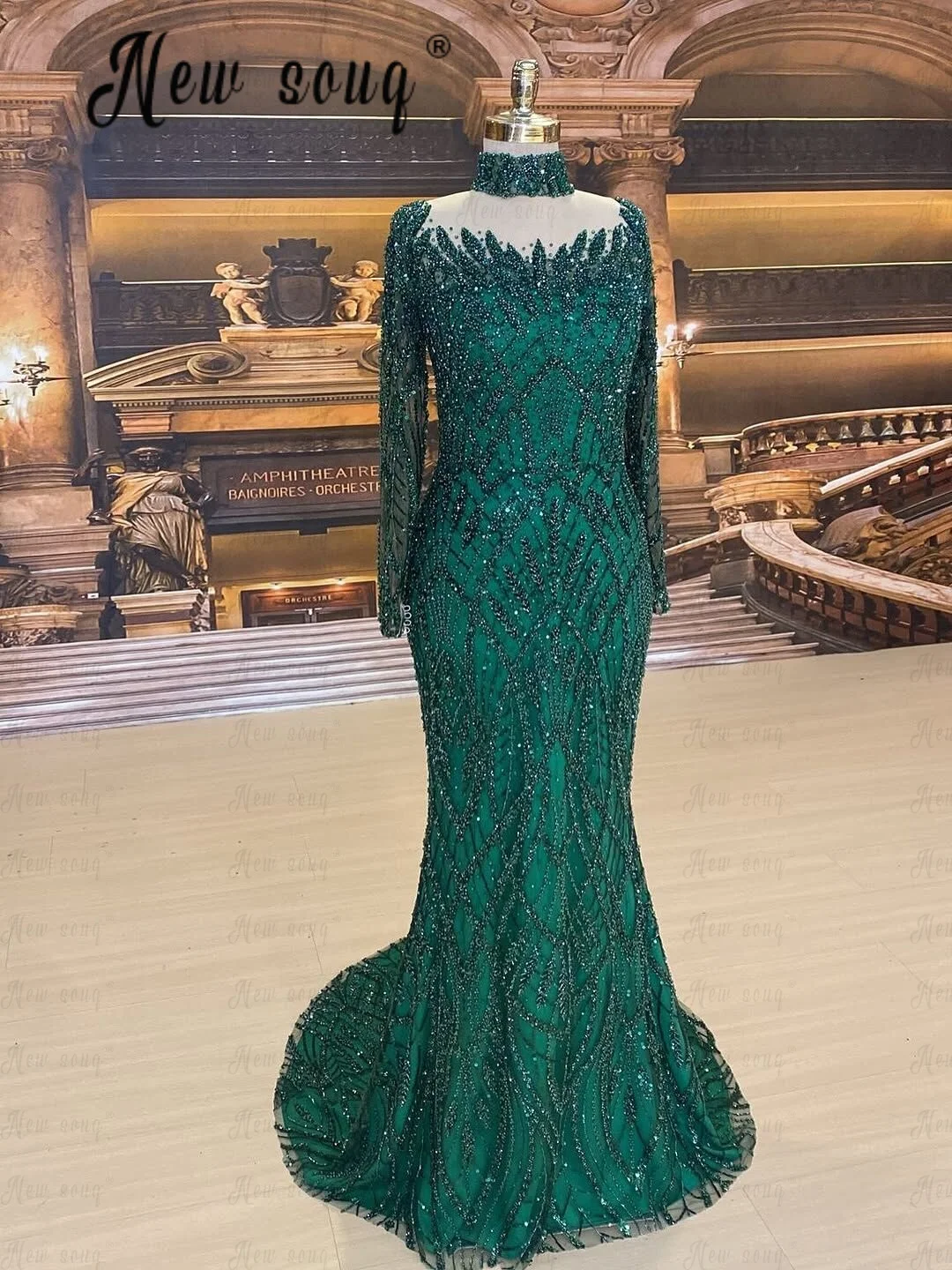 Emerald Green Long Prom Dresses Mermaid Beaded Sequined Muslim Sheer Neck Formal Evening Gowns Wedding Guest Gowns Customized