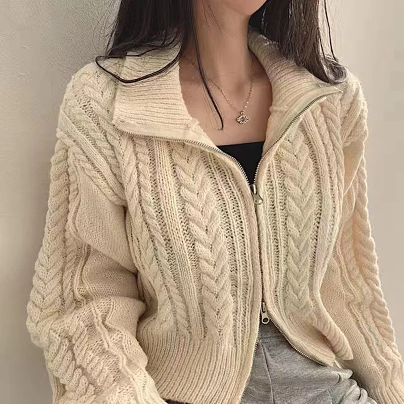 Herbst Winter neue koreanische Vintage Doppel reiß verschluss Pullover Frauen einfarbig elegante kurze Pullover Mäntel gestrickte Strickjacken