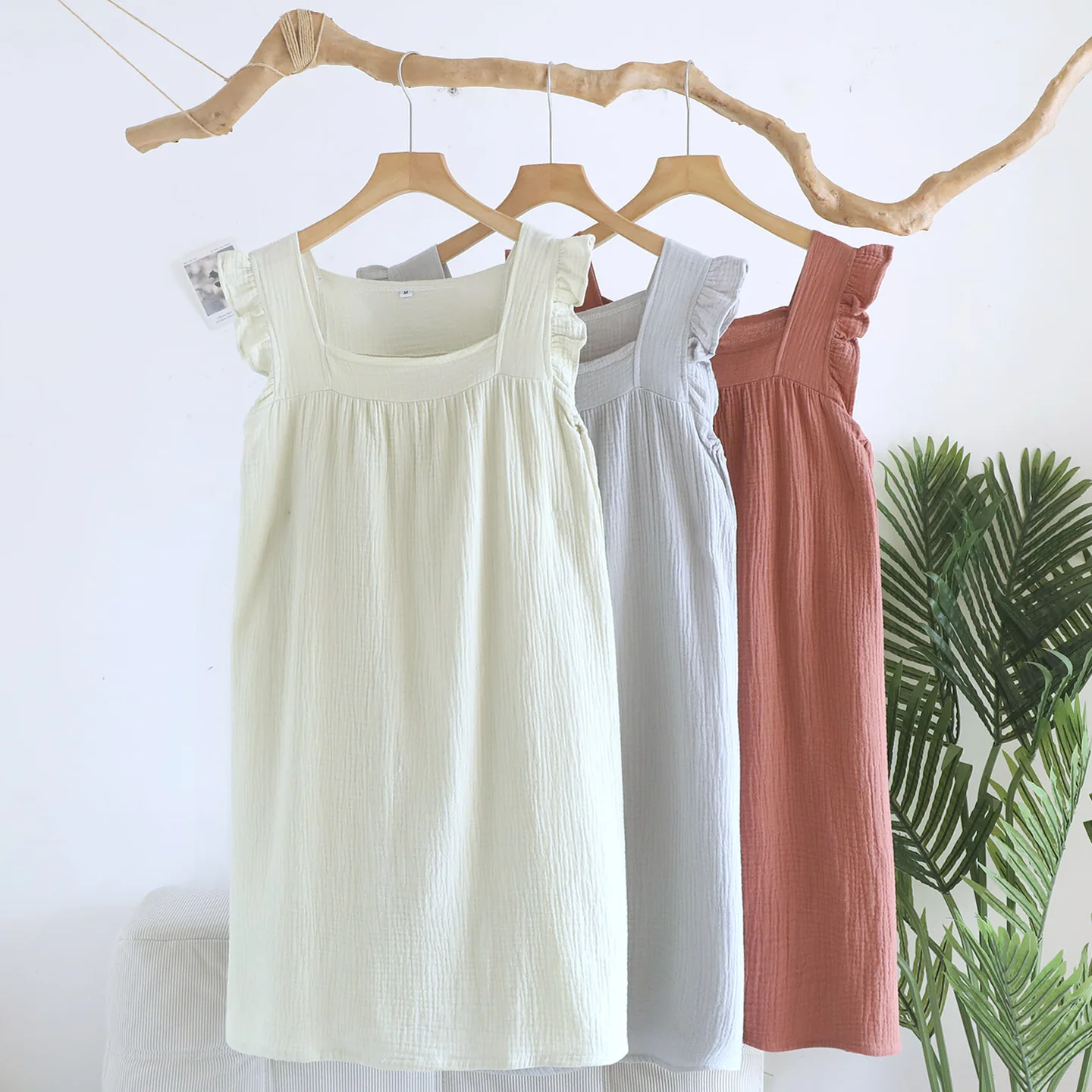 2026 Summer New Women's Sleeping Skirt 100% Cotton Crepe Solid Color Simple Cute Vest Skirt Square Neck Loose Home Clothes