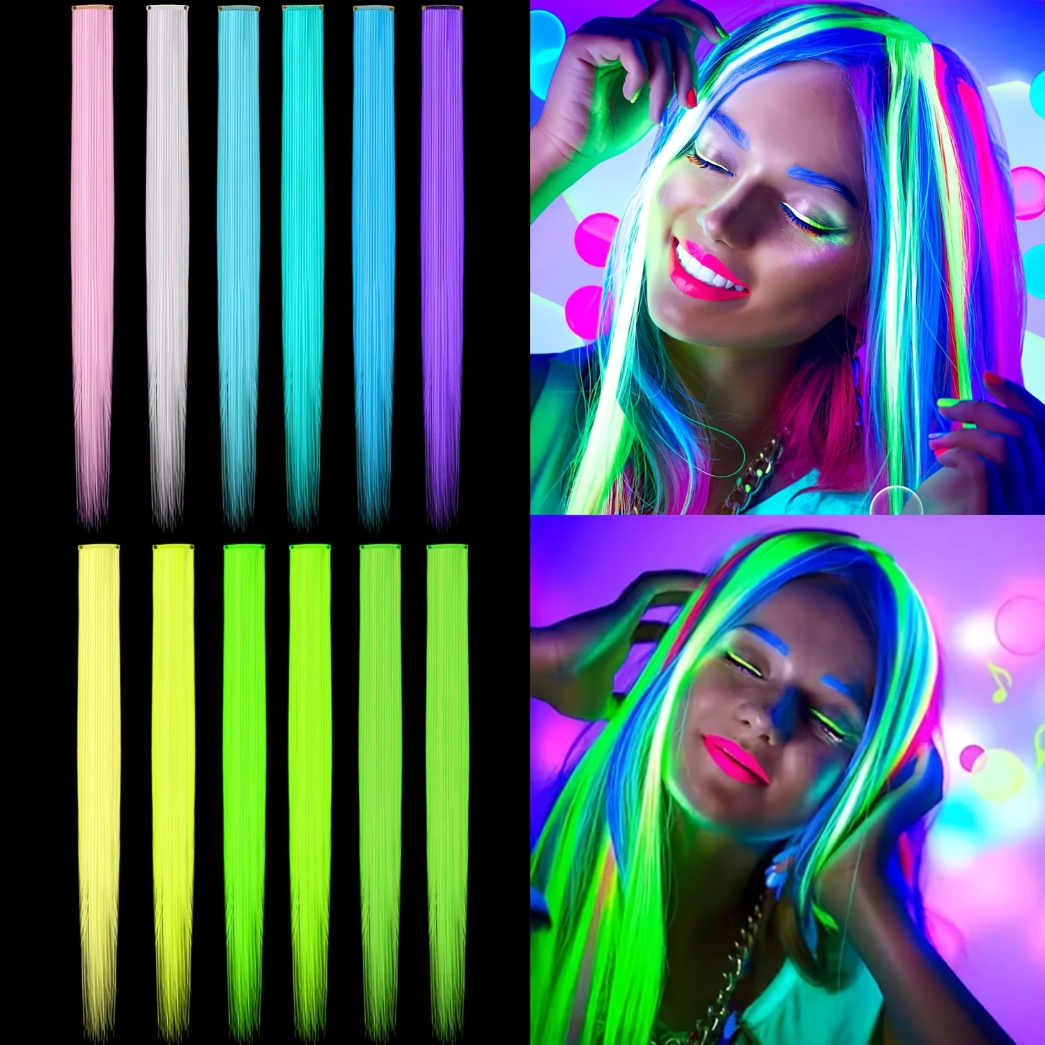 4-Pieces Synthetic Hair Extensions with Luminous Fluorescent Glow for Women - Clip-In, Smooth & Soft, Easy to Wear for Parties