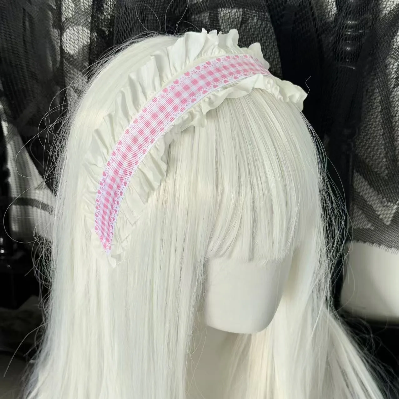 1Pcs Frauen Süße Spitze Herz-förmigen Grid Muster Lolita Stirnband Kopfschmuck Maid Cosplay Haar Zubehör Headwear Kopfschmuck