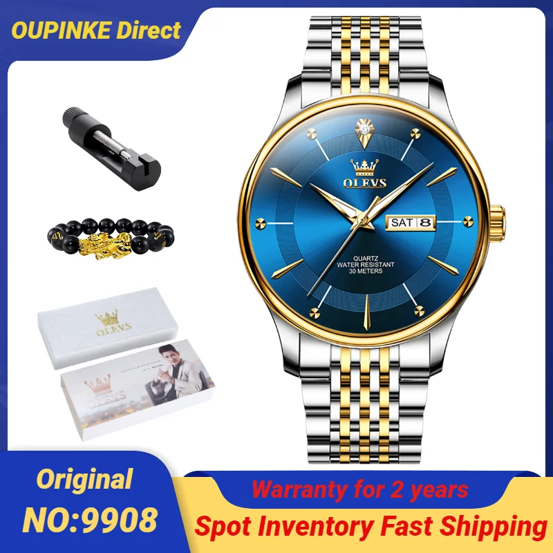 

OLEVS 9908 Men's Watches Dual Calendar Display Roman Scale Stainless steel Leather Strap Waterproof Quartz Watch for Men Busines