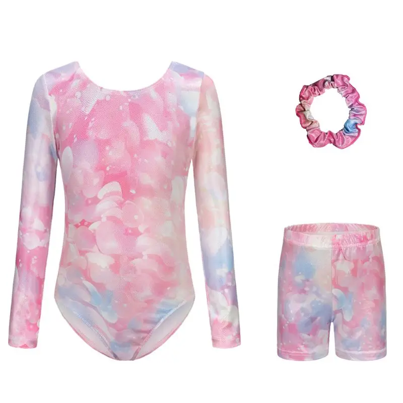 

Детский купальник с длинными рукавами для девочек от 5 до 12 лет и шортами, повязка для волос, детский гимнастический боди, комплект, балетный сценический костюм