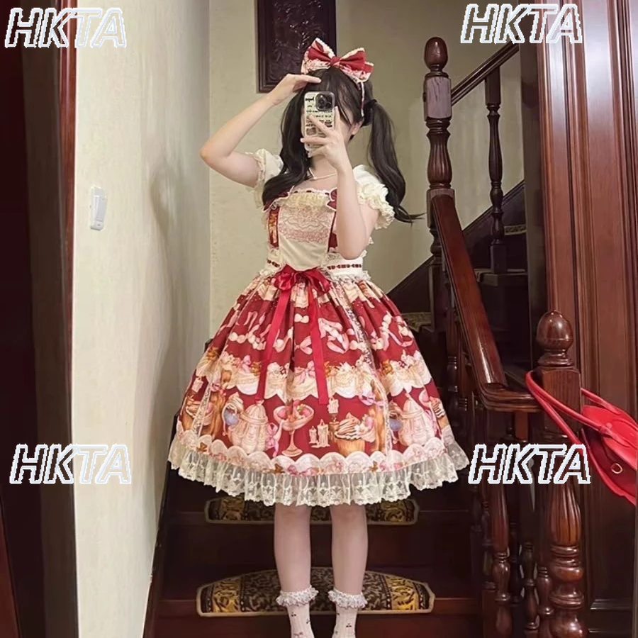 ヴィンテージかわいいカワイイロリータドレス甘いスクエアネックバブル半袖レースステッチリボンプリンセスボールガウンドレス女性
