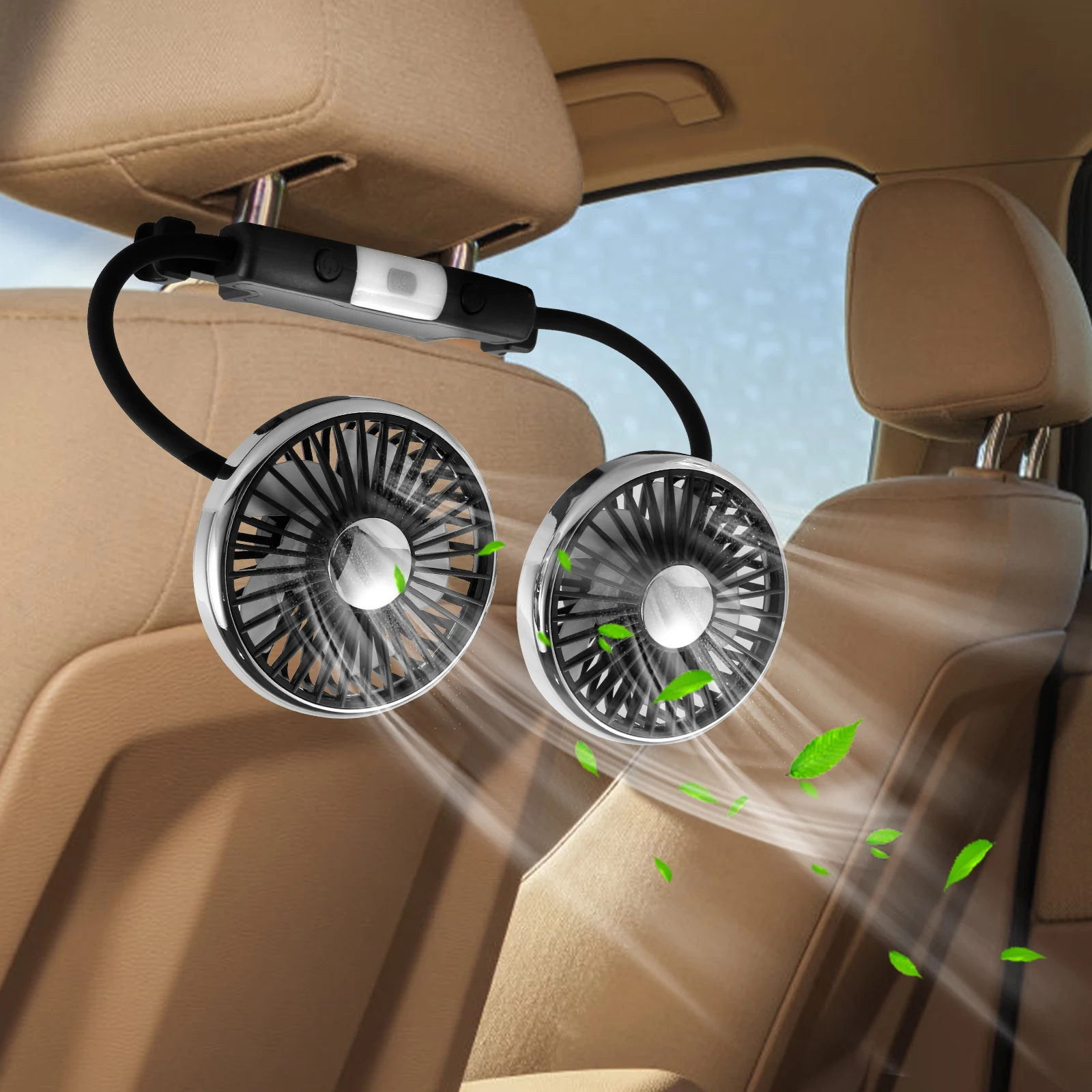 

Car Cooling Fan USB 3-Speed 360 Degree Adjustable Foldable with Led Light for SUV RV Truck Car Backseat Double Head Fans