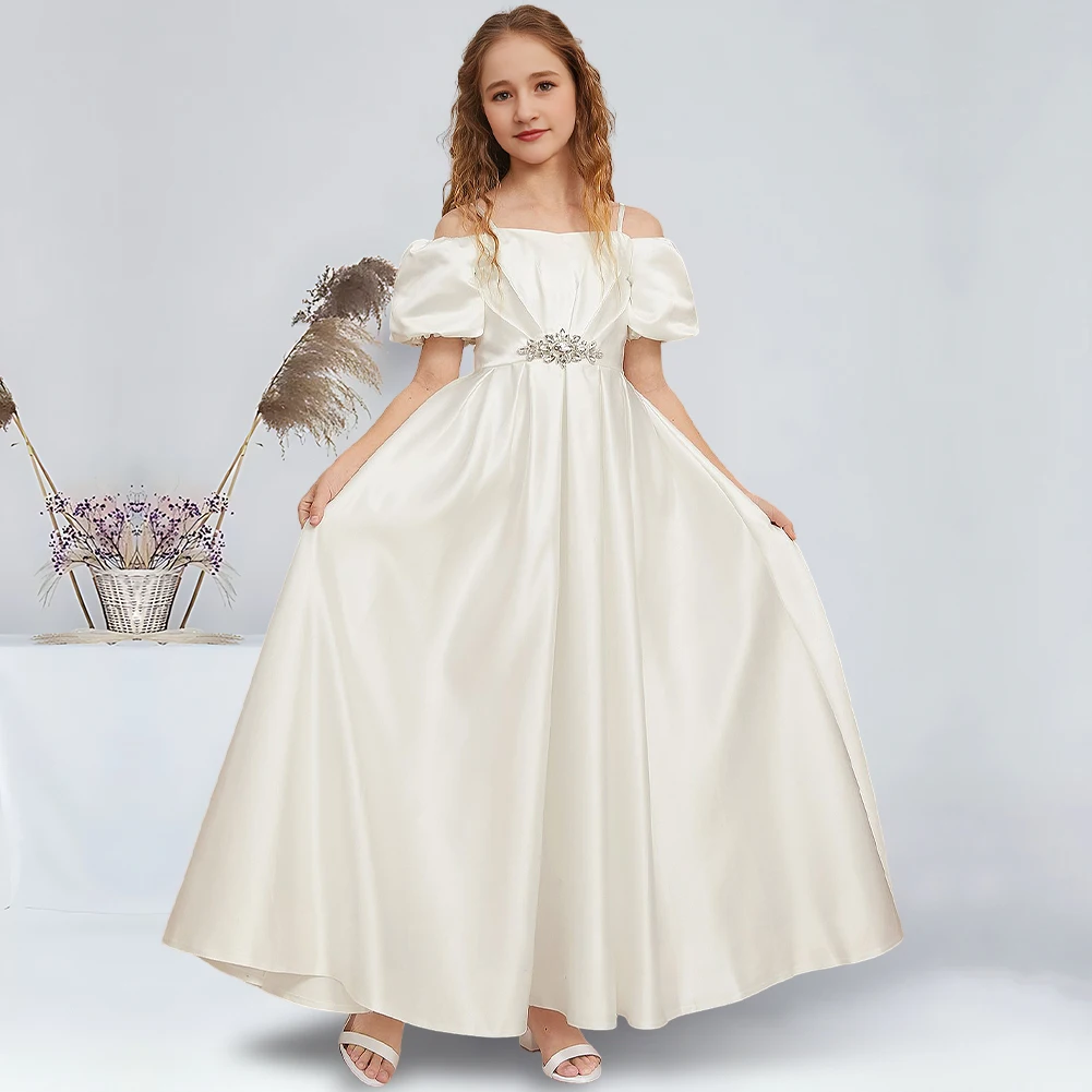 JHG Ball-Gown Princess Cold Shoulder Floor-Length Satin Junior Bridesmaid Dress with Rhinestone Accents Ivory Flower Girl Dress