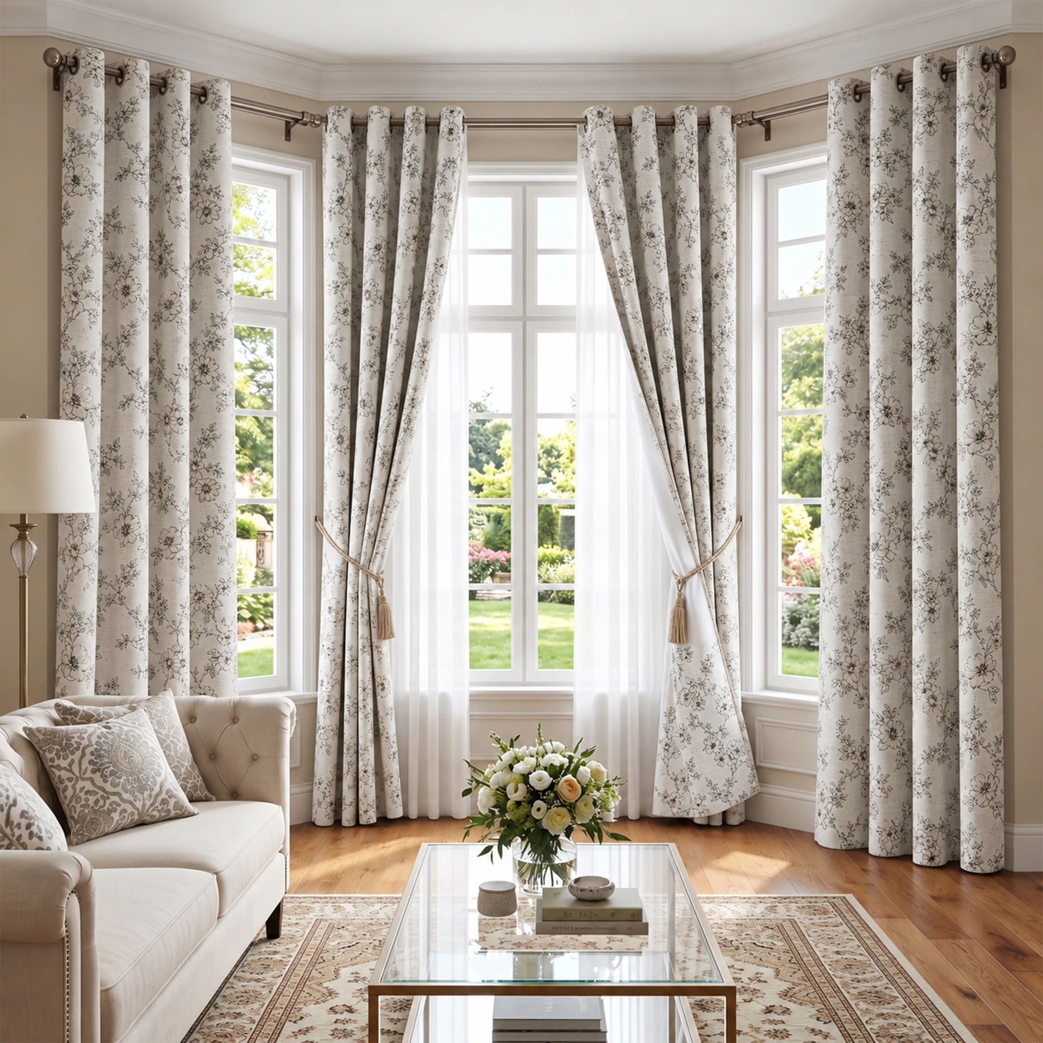 Dark Green Flower Blackout Curtains for Living Room Bedroom 4 Pack White Coated Thermal Insulated Grommet Window Drapes