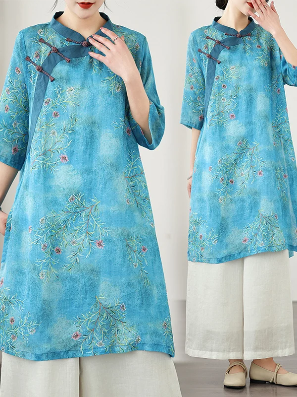 

Artistic Chinese Sle Midi Dr Cotton Linen Digital Print Zen Tea Costume Loose Fit ort Sve Women's Faion Summer 2025