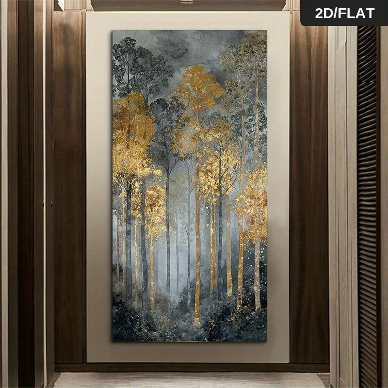2D/Flat Modern Golden Trees in Misty Forest Canvas Painting - Frameless Abstract Golden/Black/Beige Prints for Living Room Decor