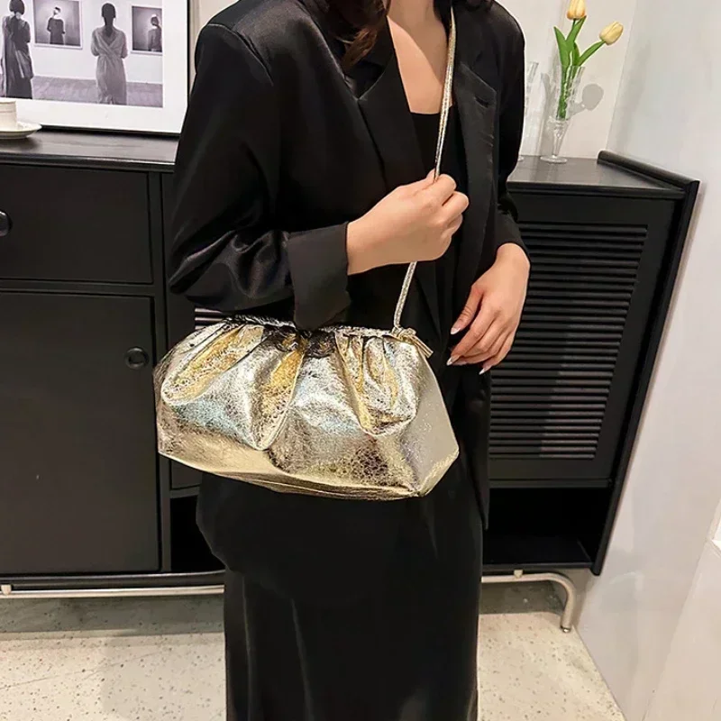 Small Luxury Design Women\'s Leather Silver Cloud Bag Female Gold Crossbody Bag Ladies Party Clutch Purse Female Handbags