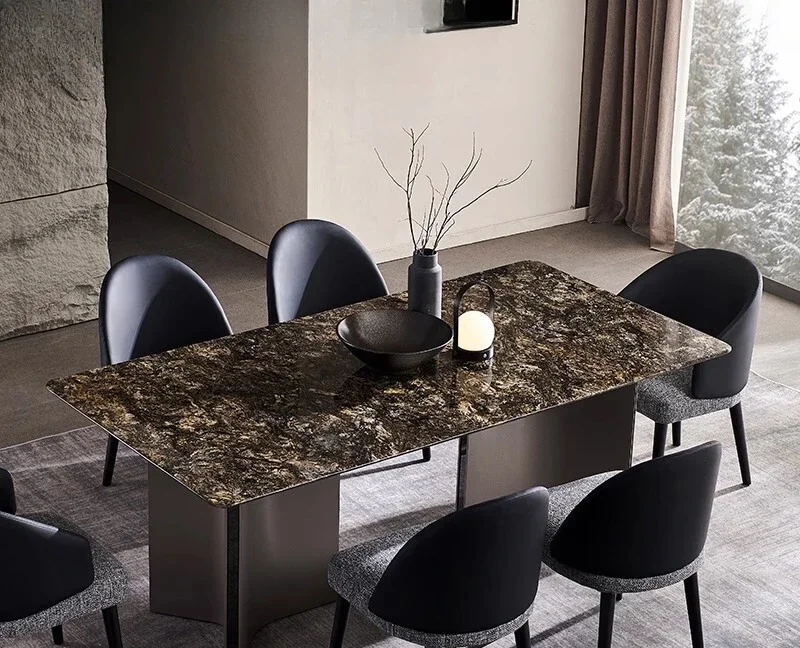 Natural marble dining table and chairs Italian minimalist large flat-floor villa high-end luxury stone rectangular dining table