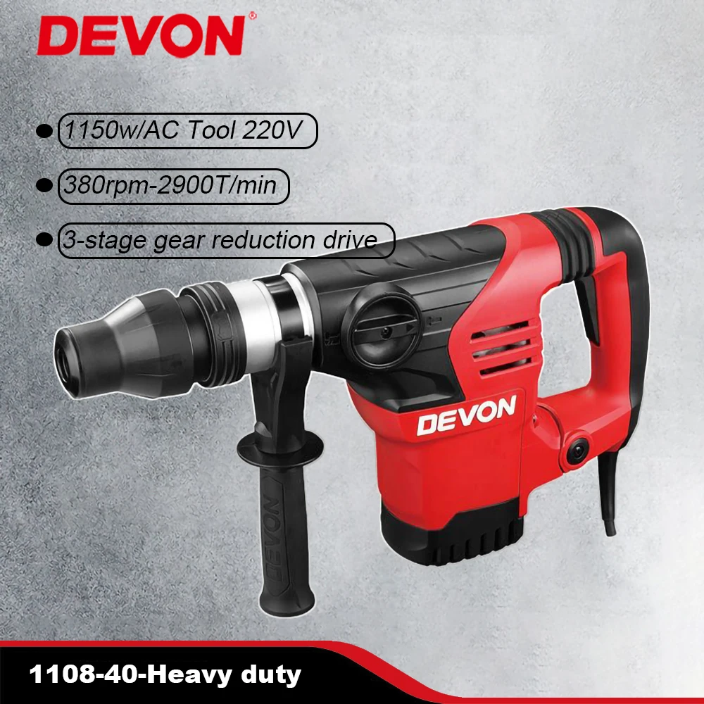 

DEVON AC 220V Heavy Duty 1108-40 Rotary Hammer Impact 10J 380rpm 2900ipm SDS MAX 6.35Kg Hammer Drill Chisel Adjustment