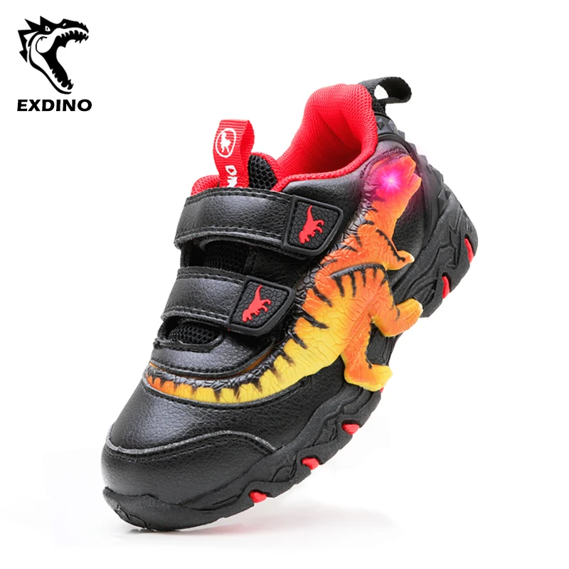 EXDINO Children Dinosaur LED Glowing Sneakers Boys Leather T-Rex Little Kids Light Up Flashing Casual Outdoor Shoes Ins Fashion