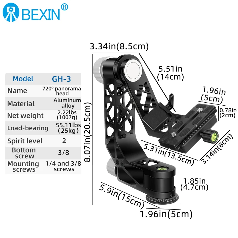 GH3 Professional Gimbal Camera Tripod Monopod Head 360 Panoramic for Heavy Lens Telescope Bird-watching with Arca-Swiss QR Plate