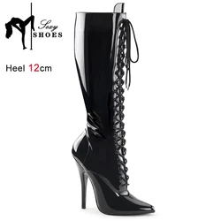 Sexy Black Mirror Knee-High Boots Women T Show Pointy Toe Club Party Stiletto Long Boots Women Cross Dressing Large Size 36~46