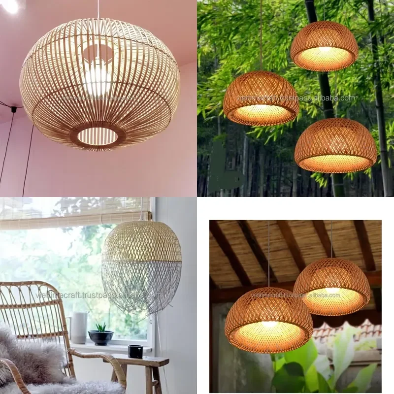 for Bamboo Lamp Chandelier Natural Handmade Pendant Light Bohemian Style Ceiling Fixture  Living Room Bedroom Dining Room
