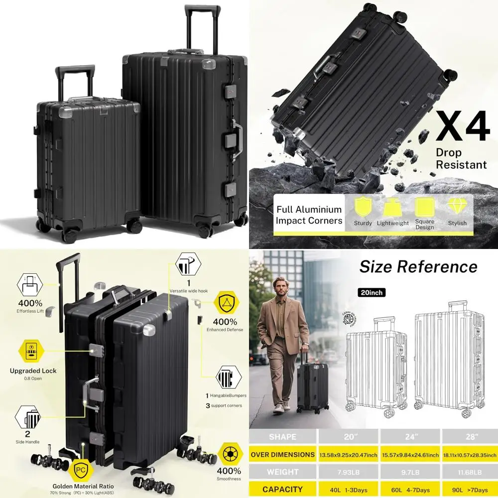 Two-Piece Aluminum Frame Luggage Set 20 & 28 - Carry-On TSA Lock Spinner Suitcases with No Zipper for Travel