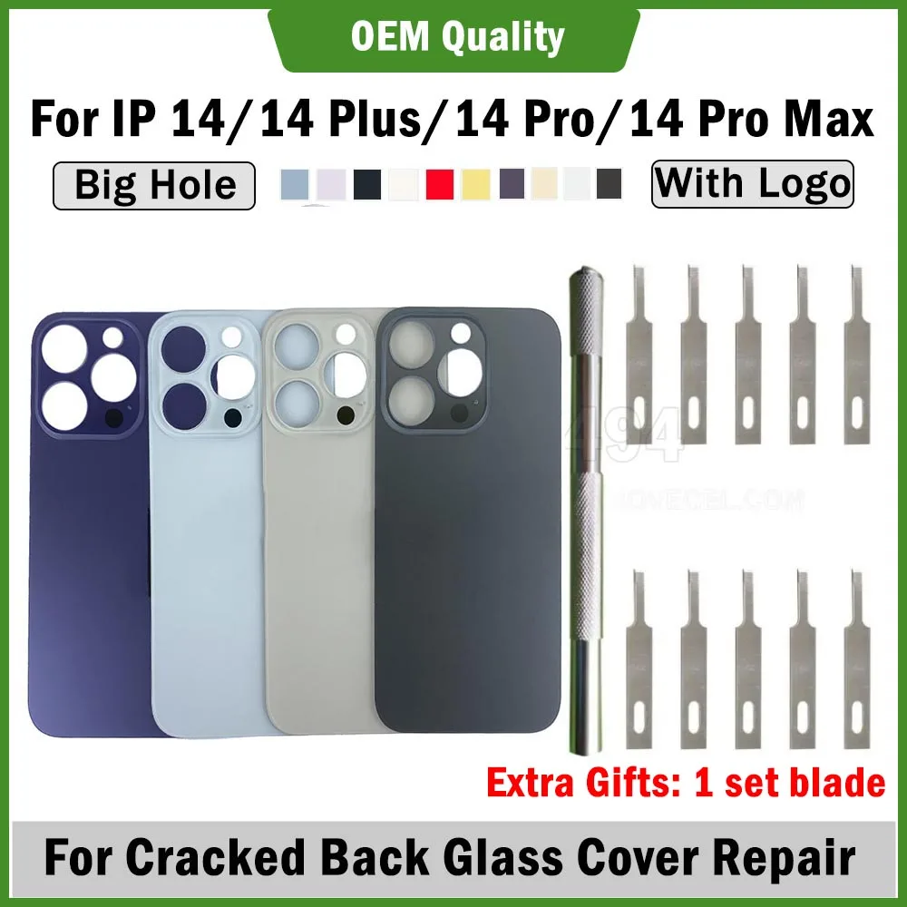 

2pcs OEM Large Hole 14 Plus Pro Max Back Glass Battery Cover Replacement for Cracked Cellphone Housing Rear Repair + Blade Tools