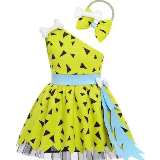 Baby Caveman Dresses One Shoulder Orange Halloween Dress for Girls Party Dress Girl Pebbles Inspired Dress Up Suit image 5