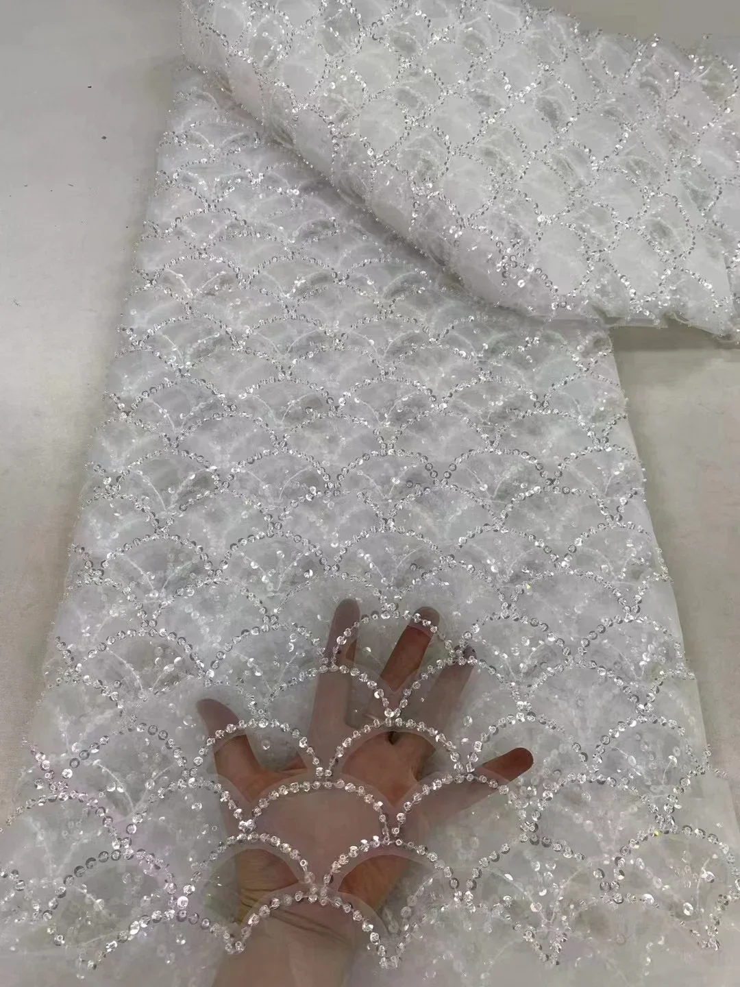 

Luxury White Handmade Beaded African Lace Fabric 2024 High Quality French Nigerian Beads Lace Fabric For Evening Dress LHD24133