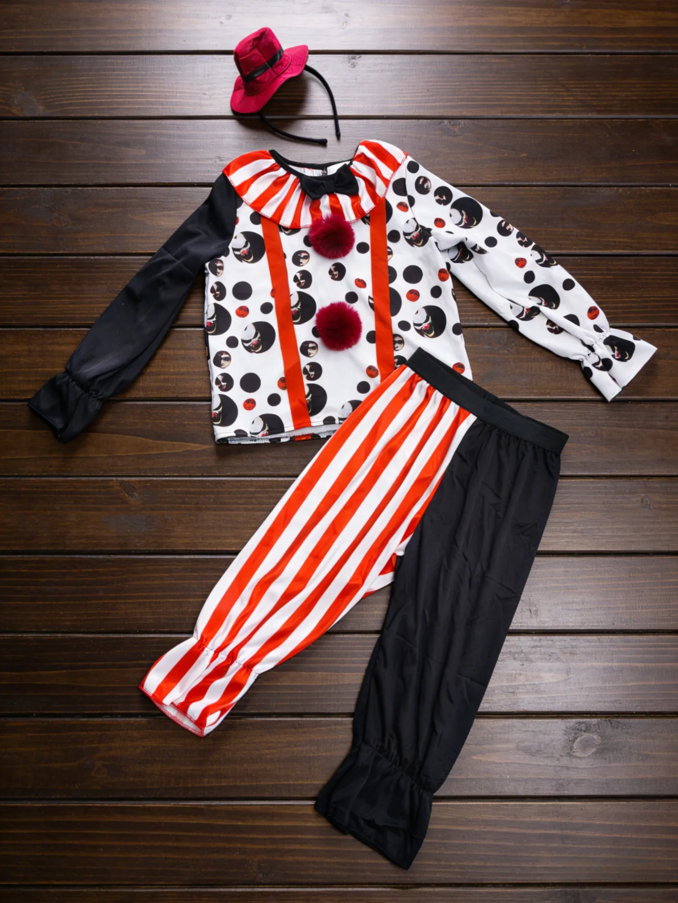 Kids Clown Costume Set, Polka Dot Top Striped Pants & Mini Red Hat Headband, Halloween Party Outfit - view 6