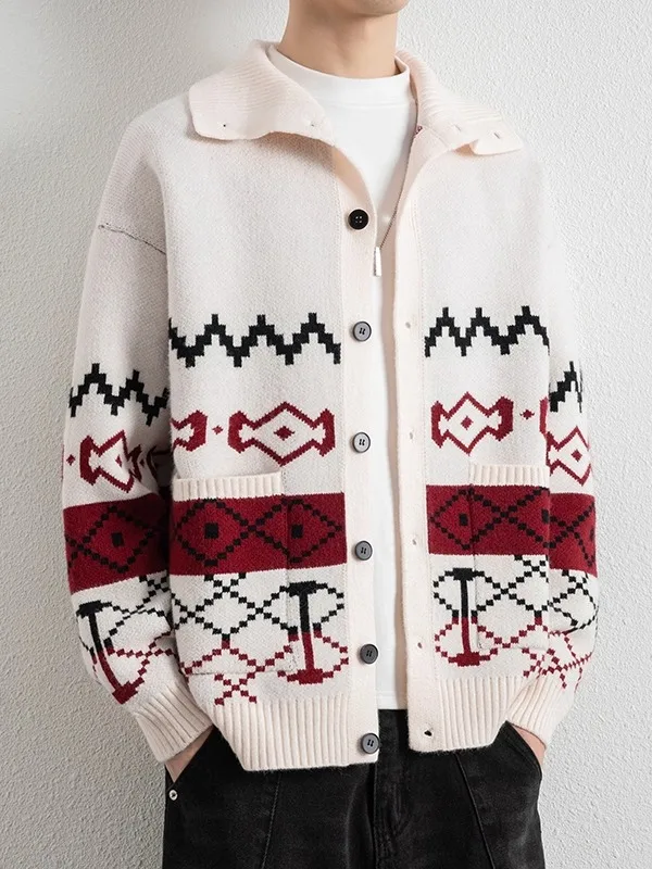 

Мужской вязаный кардиган с геометрическим принтом, свободный крой, повседневная верхняя одежда в винтажном американском стиле, осенняя новинка