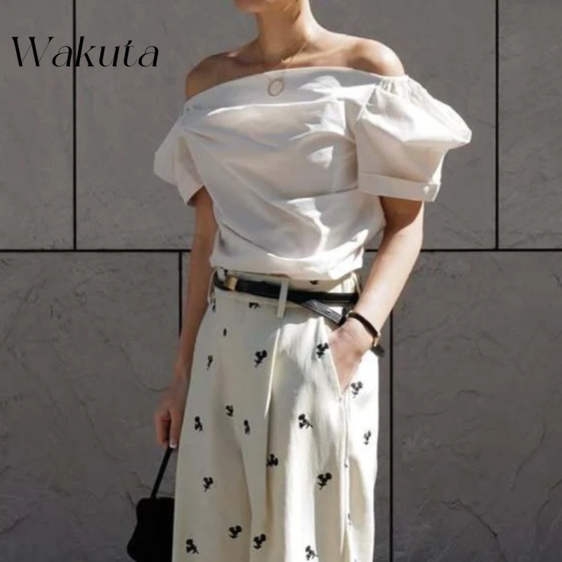 

WAKUTA Sexy Spice Girls Slash Neck Puff Sleeve Shirt French Slim Ruched Moda Vintage Blusa Japan Summer All-match Top 민소매 티 여성