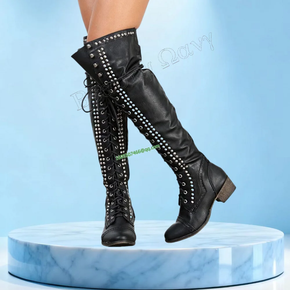Black Rivet Decor  Lace up Men's Knight's Boots Cross Tied Matte Leather Round Toe Shoes for Men Shoes Zapatos Para Hombres