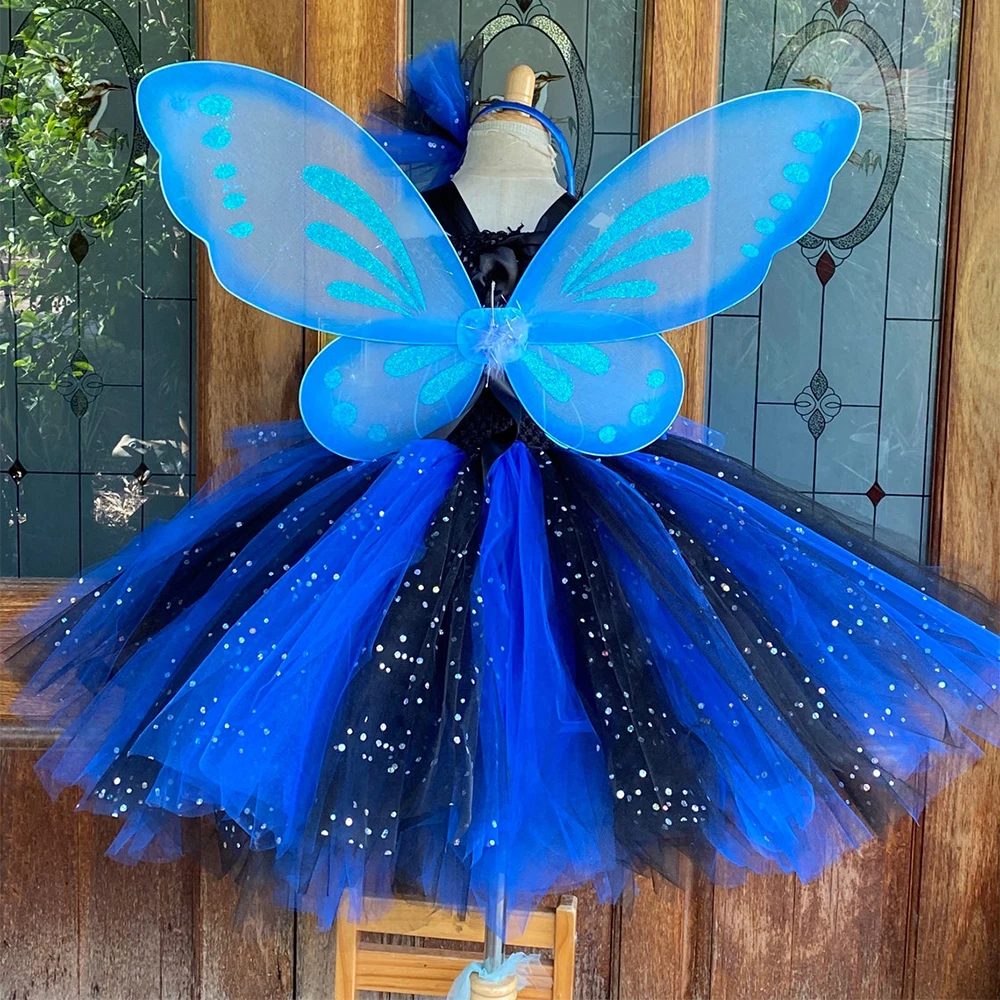 Girls Blue Black Glitter Dress Kids Flower Fairy Tutu Dresses with Wing and Stick Hairbow Set Children Birthday Party Costumes