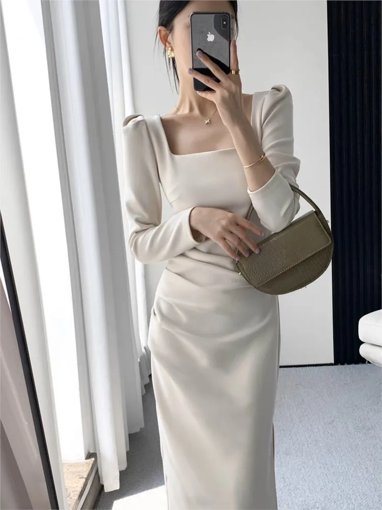 Elegant Long Sleeve Midi Dresses for Women Square Collar Slim Waist Bodycon Split Dress Autumn New Solid Office Lady Vestidos