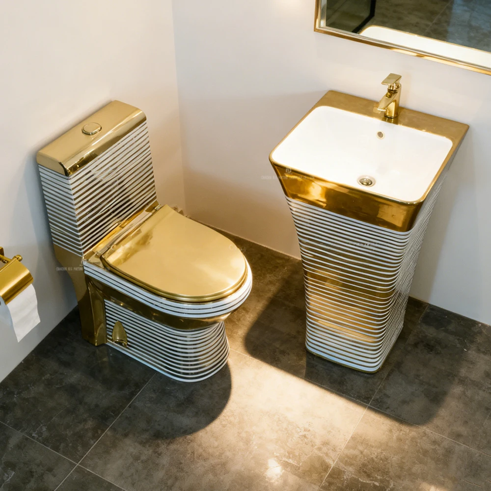 Luxury Gold One Piece Toilet Sink Bathroom Washdown Wc Toilets And Pedestal Basin Floor Mounted Water Closet Toilet Set