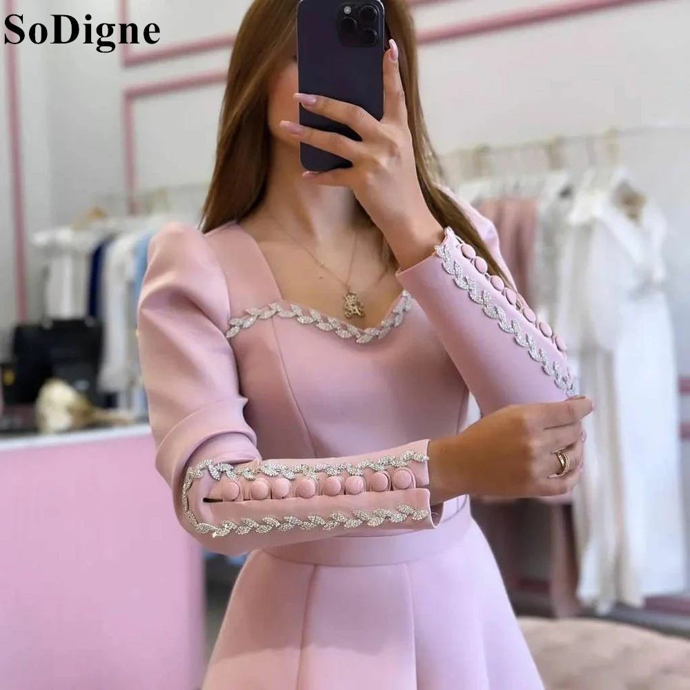 SoDigne Pink Elegant Homecoming Dress A-Line Button Long Sleeves Beading Sequin Pleated 2024 Party Dress for Women Cocktail Gown