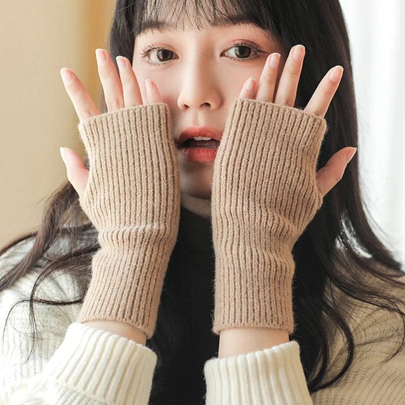 แฟชั่นผู้หญิงถุงมืออุ่นฤดูหนาวยืดแขนโครเชต์ถักไหมพรมขนสัตว์ Mittens Fingerless ถุงมือสีทึบ