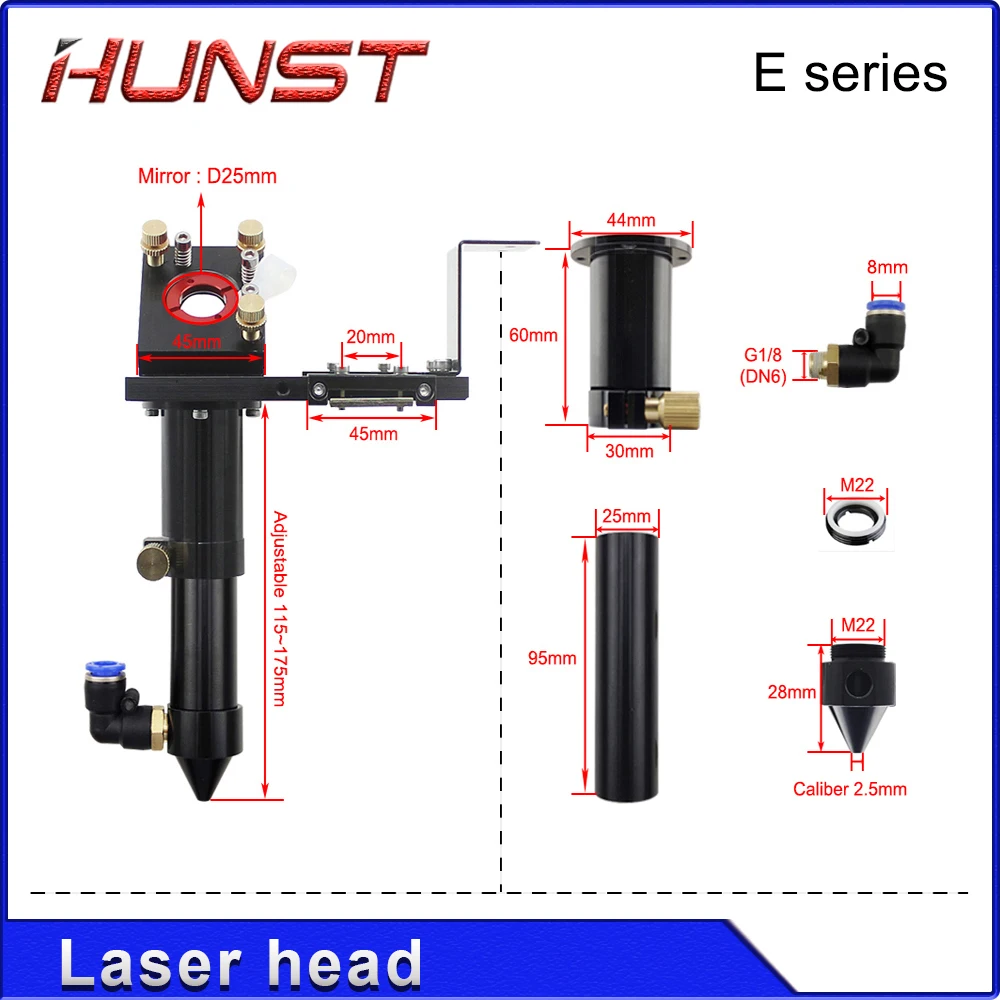 Hunst E Series CO2 Laser Head for Lens D20MM FL50.8 & 63.5 & 101.6 MM Mirror 25MM for Laser Engraving and Cutting Machine