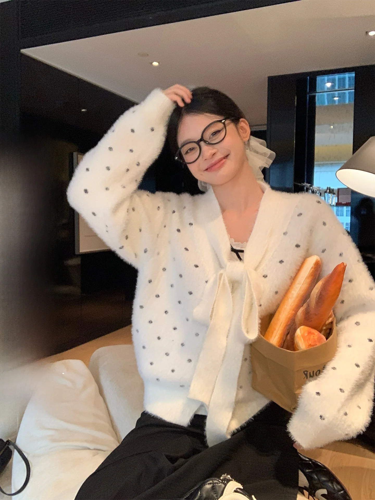 

Красивый свободный женский трикотаж, кардиган с узлом и завязкой на талии, корейский Sle, осень-зима, дизайн в горошек