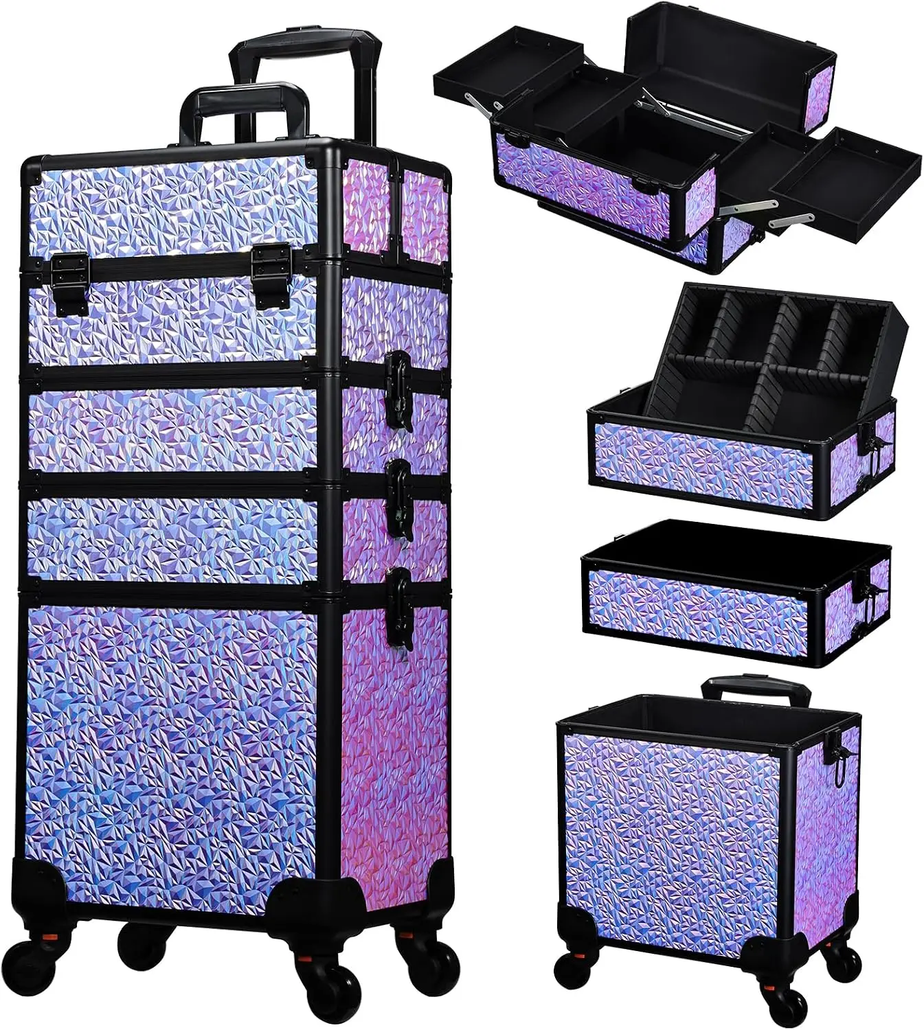 Rolling Makeup Train Case, Large Cosmetology Storage Cart With Drawers, Travel Nail Salon Beauty Organizer Trolley On Wheels, Mobile Hairstylist Vanity Box, Shiny Purple, Set Of One
