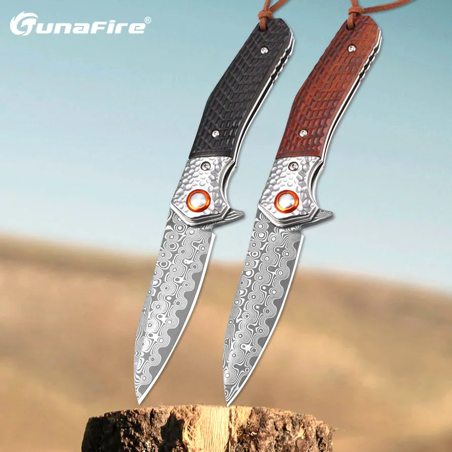 

Tunafire Folding Knfe For Men VG10 Steel Damascus Tactical Hunting Knife Wood Handle Small Outdoor Survival EDC Tools 307