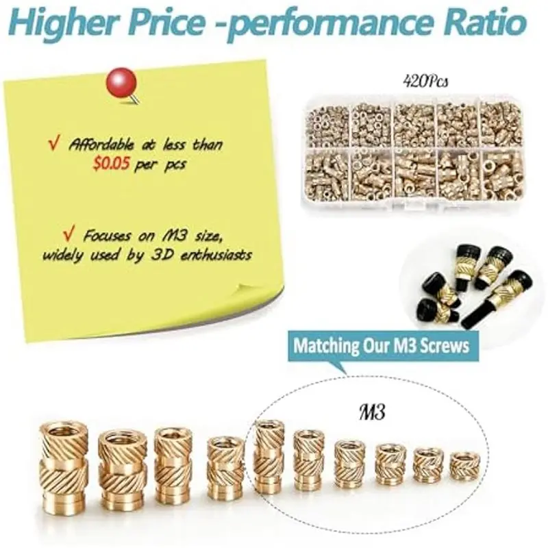 ABUN-840Pcs M3//M5 Threaded Inserts Assortment Kit For Components,Brass Knurled Nuts,Insert By Heat Into Plastic Parts