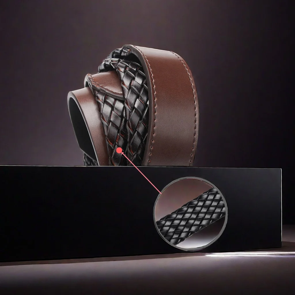 Men's leather double-layer woven breathable rotating buckle belt - Gift box packaging. The ideal choice for giving as a gift to
