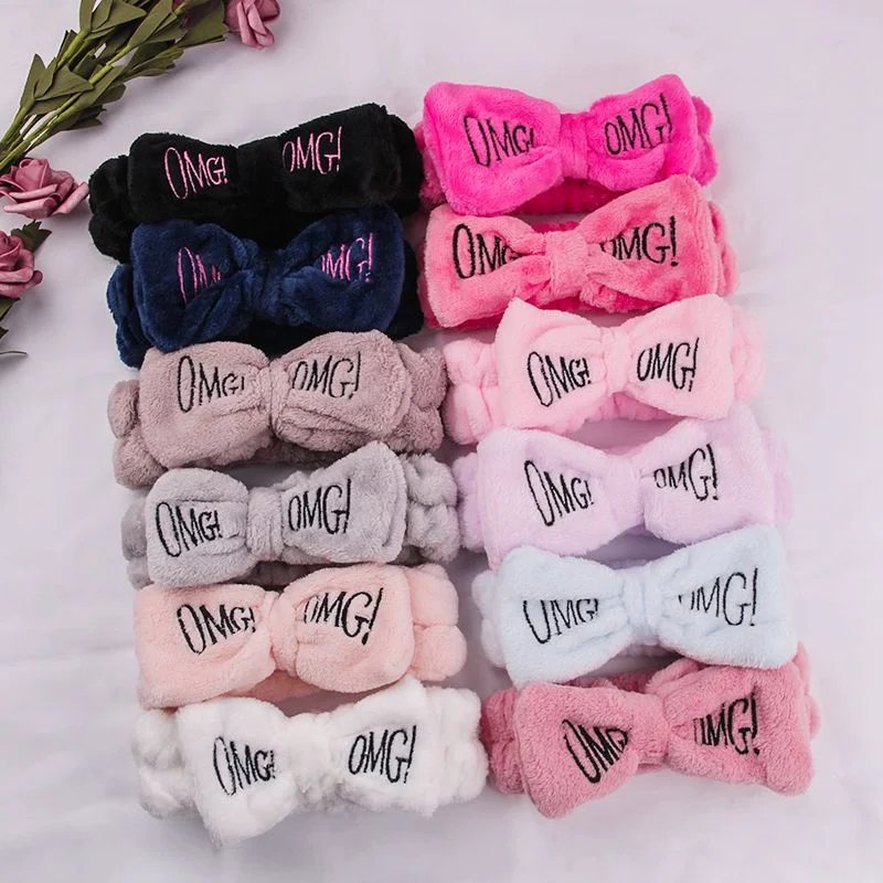 Coral Fleece OMG Letters Headband Plush Washing Face Hairband For Women Makeup Girls Bow Spa Headwear Popular Hair Accessories