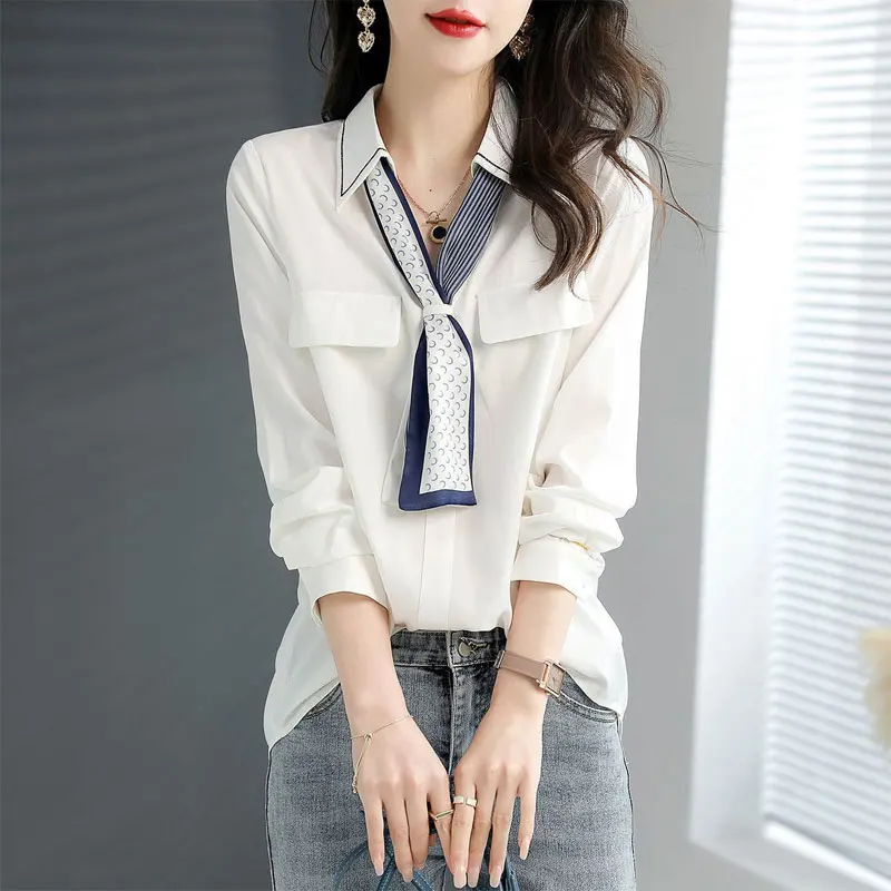 Casual Solid Color All-match Loose Blouse Spring Autumn Patchwork Turn-down Collar Korean Female Clothing Elegant Scarf Shirt