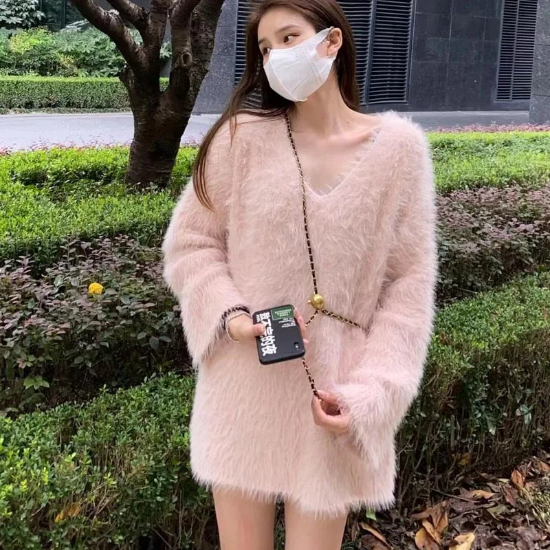 Ele V-Ne mittellange lange Pelz-Strickwaren, weich, weiß, sanft, für Damen, Faion Commute Sle, Kunstpelz, Wärme, Herbst und Winter