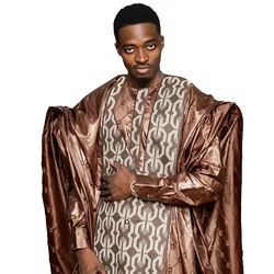 African Clothes For Man Bazin Riche Embroidery Design Top Long Sleeve 3 Piece Set