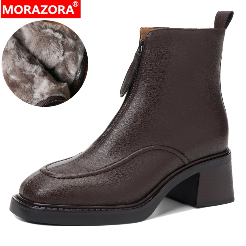 

MORAZORA New Nature Wool Ankle Boots Women Zipper Chunky High Heels Winter Boots Genuine Leather Boots Ladies Snow Booties