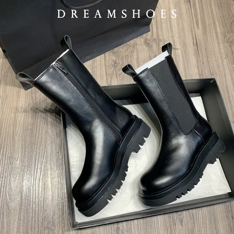 

2025 Platform Women Knight Mid-calf/Long Boots Fashion Warm Fur Shoes Autumn Winter Square Heels Ladies Knee High Booties
